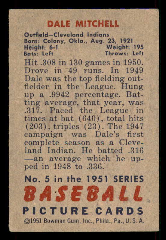 1951 Bowman Baseball #005 Dale Mitchell Indians EX-MT 533202