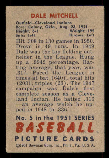 1951 Bowman Baseball #005 Dale Mitchell Indians EX-MT 533202