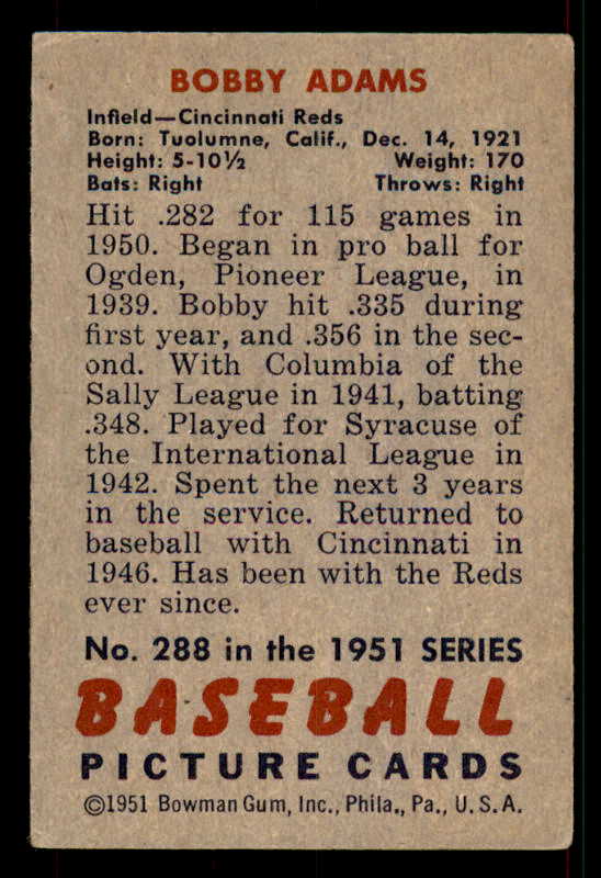 1951 Bowman Baseball #288 Bobby Adams Reds EX 533203