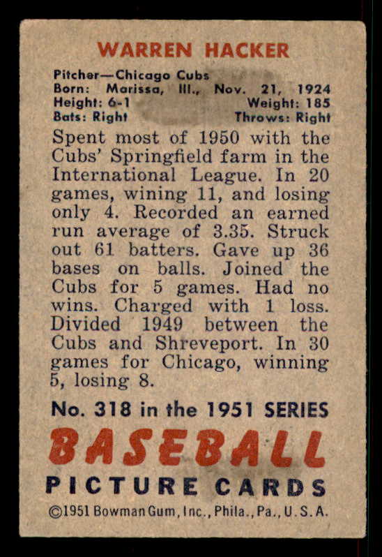 1951 Bowman Baseball #318 Warren Hacker Cubs EX+/EX-MT 533208