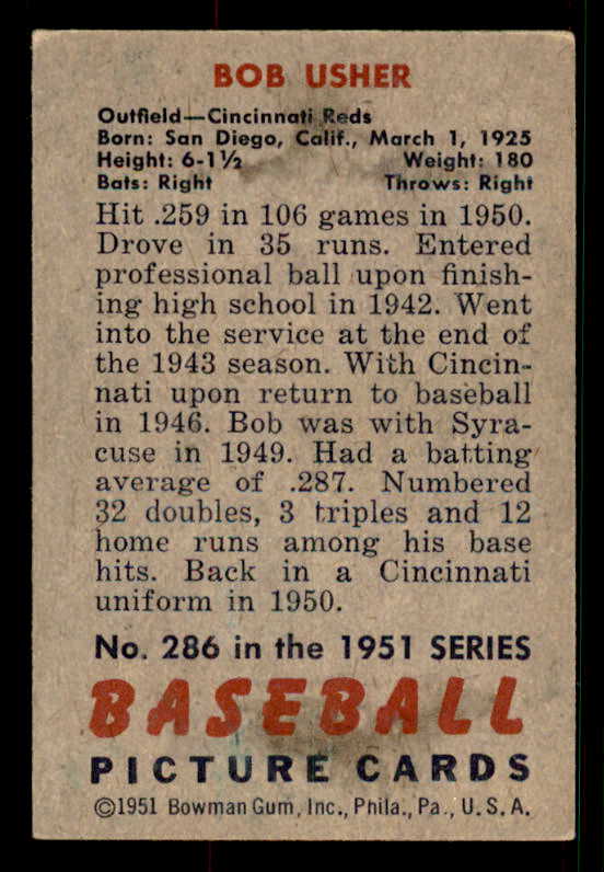 1951 Bowman Baseball #286 Bob Usher Reds EX 533209