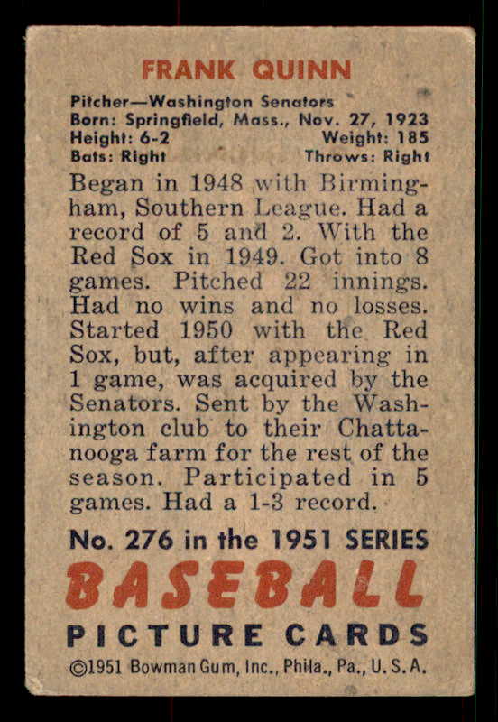 1951 Bowman Baseball #276 Frank Quinn Senators EX 533210