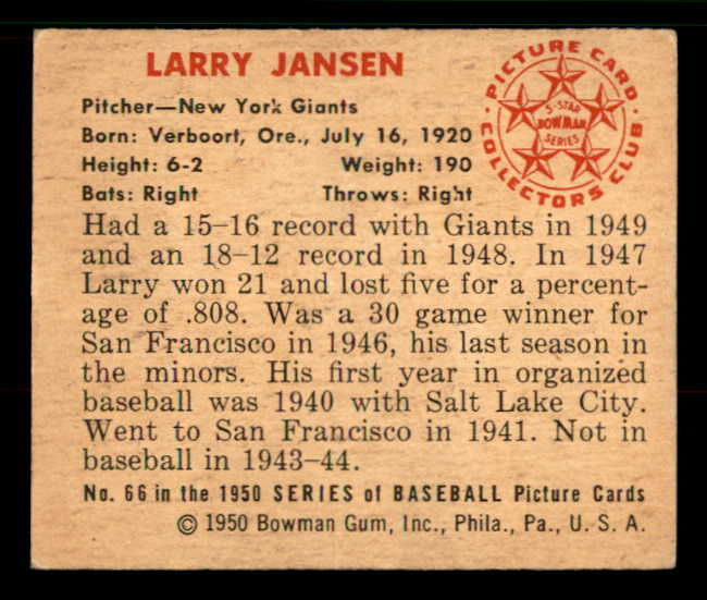 1950 Bowman Baseball #066 Larry Jansen Giants VG-EX 533212
