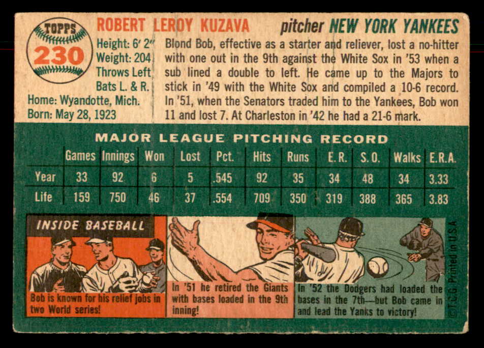 1954 Topps Baseball #230 Bob Kuzava Yankees VG-EX 533213
