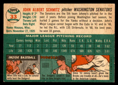 1954 Topps Baseball #033 Johnny Schmitz Senators EX+/EX-MT 533219