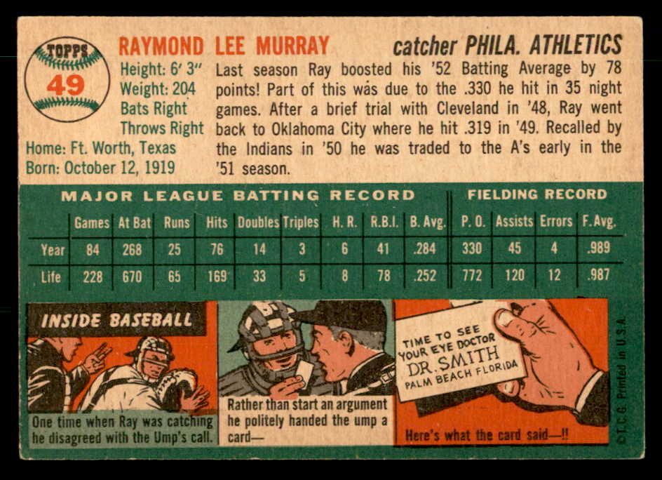 1954 Topps Baseball #049 Ray Murray A's EX-MT 533220