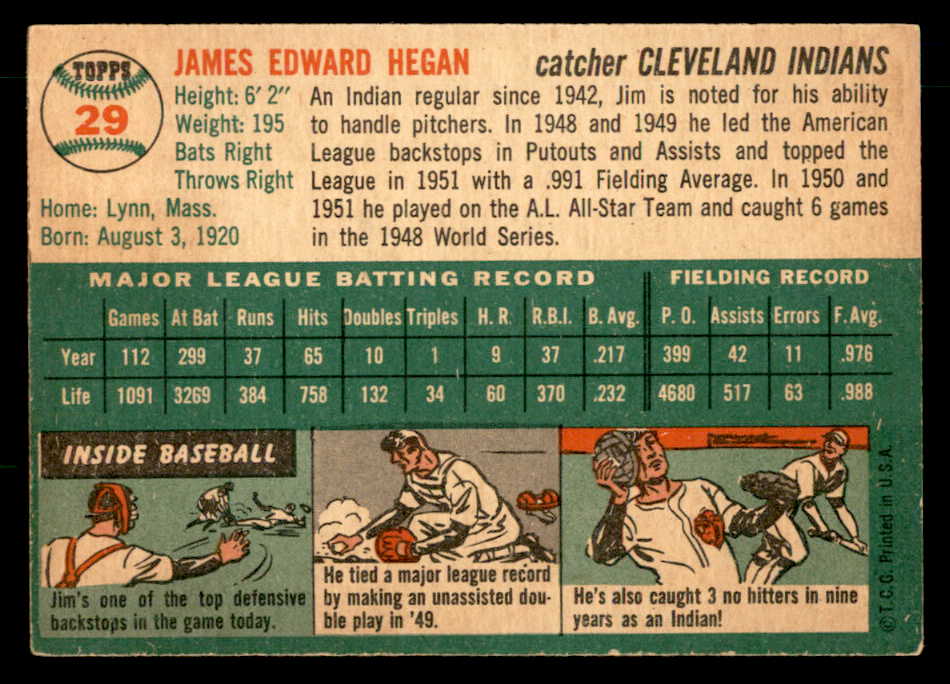 1954 Topps Baseball #029 Jim Hegan Indians EX-MT 533223