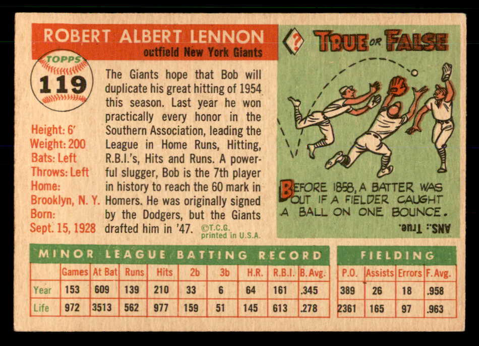 1955 Topps Baseball #119 Bob Lennon Giants EX 533226