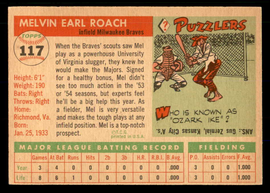 1955 Topps Baseball #117 Mel Roach Braves EX-MT 533228