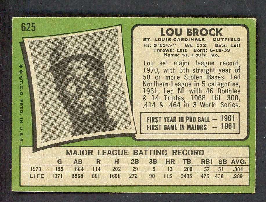 1971 Topps Baseball #625 Lou Brock Cardinals VG-EX 533230