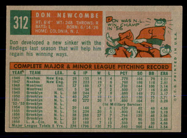 1959 Topps Baseball #312 Don Newcombe Reds EX-MT 533325