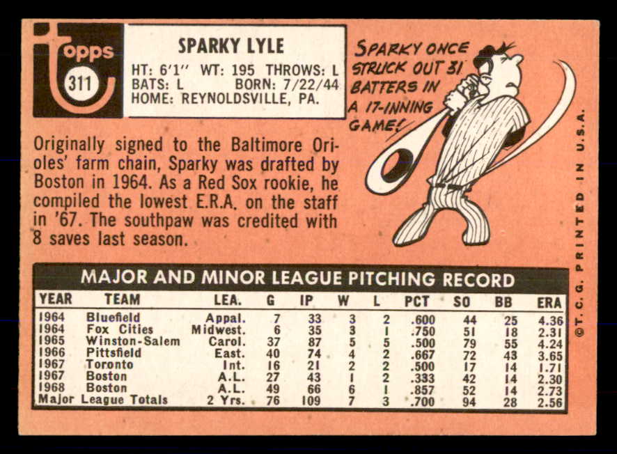 1969 Topps Baseball #311 Sparky Lyle Red Sox EX 533328