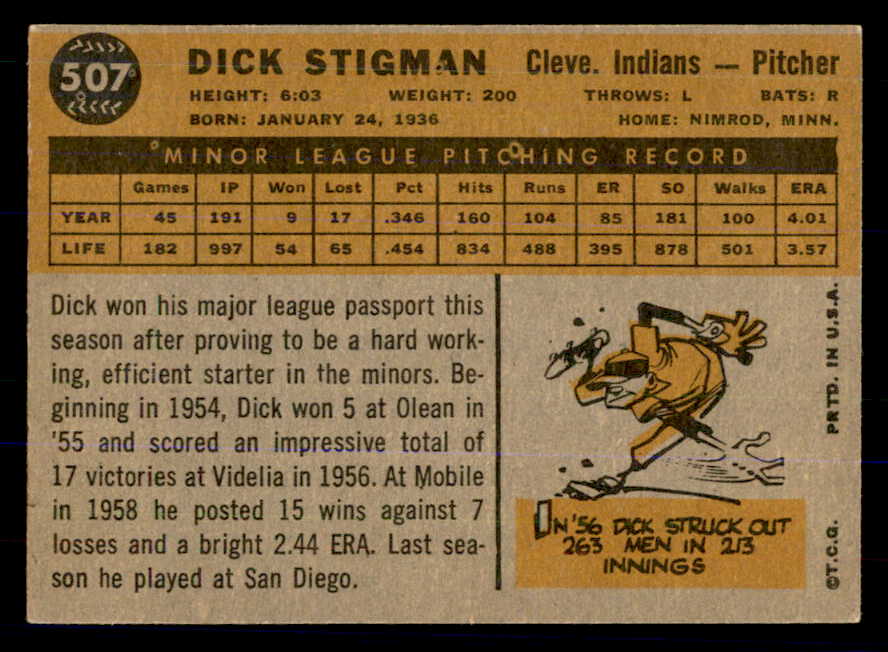 1960 Topps Baseball #507 Dick Stigman Indians VG-EX 533332