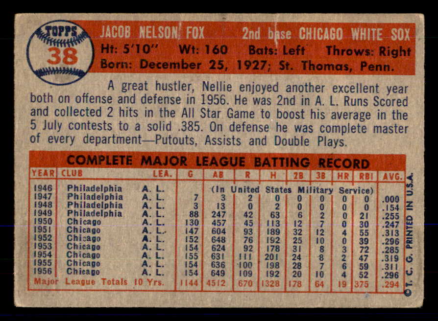 1957 Topps Baseball #038 Nellie Fox White Sox VG 533348