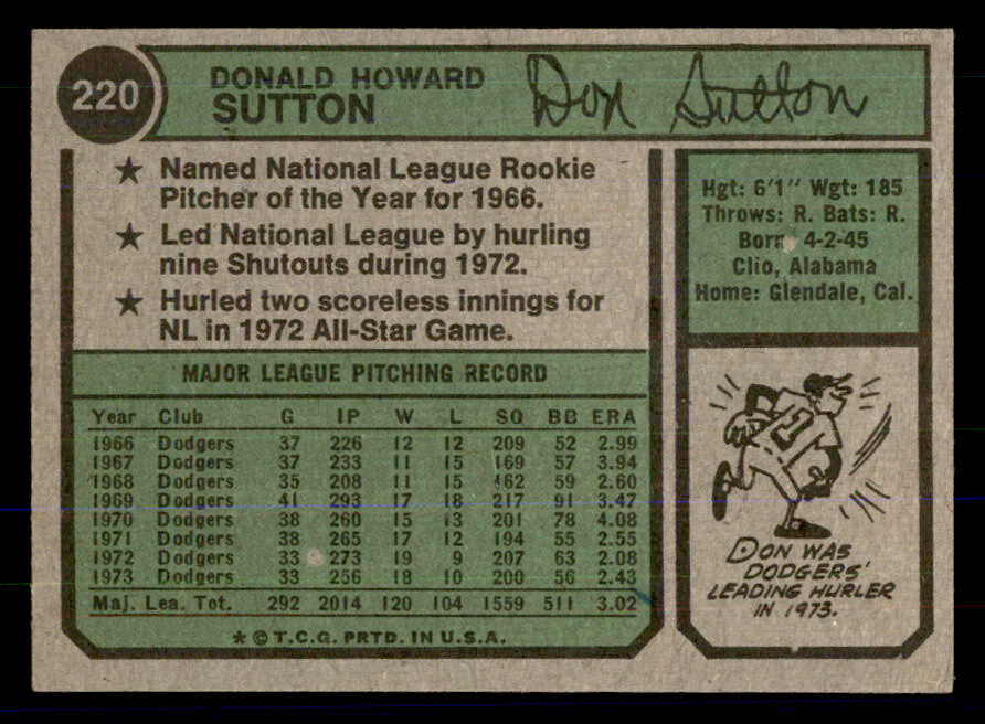 1974 Topps Baseball #220 Don Sutton Dodgers EX-MT 533349