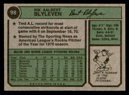 1974 Topps Baseball #098 Bert Blyleven Twins EX-MT 533352