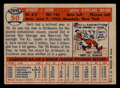 1957 Topps Baseball #050 Herb Score Indians VG-EX 533353