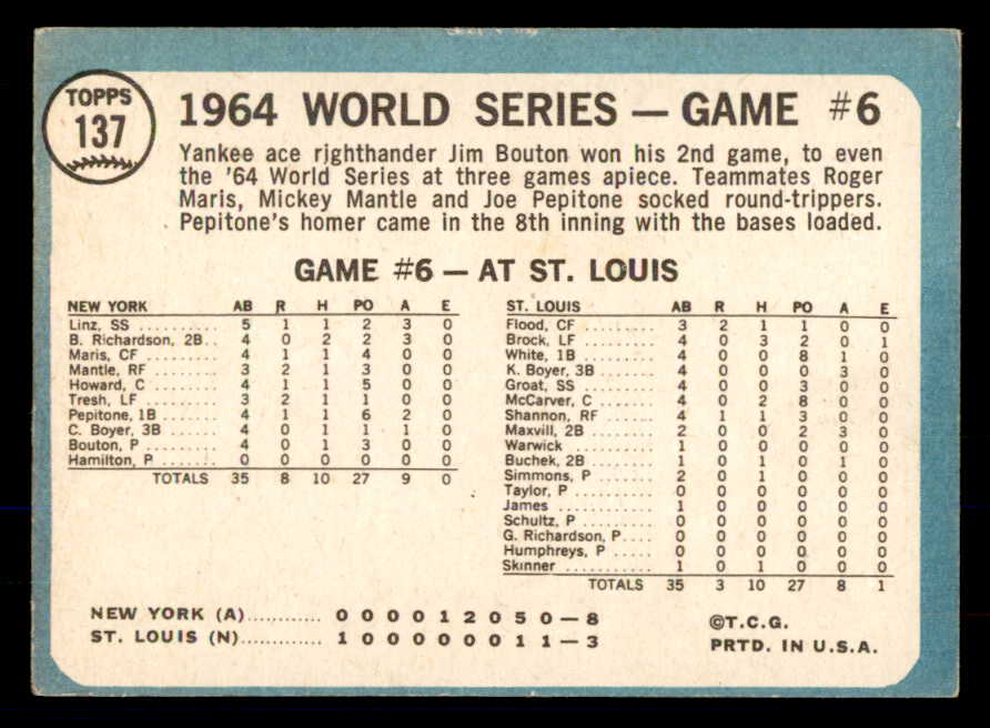 1965 Topps Baseball #137 World Series Game 6 Bouton EX-MT 533357