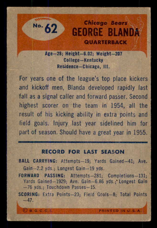 1955 Bowman Football #062 George Blanda Bears VG-EX 533365
