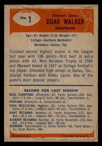 1955 Bowman Football #001 Doak Walker Lions VG-EX 533366