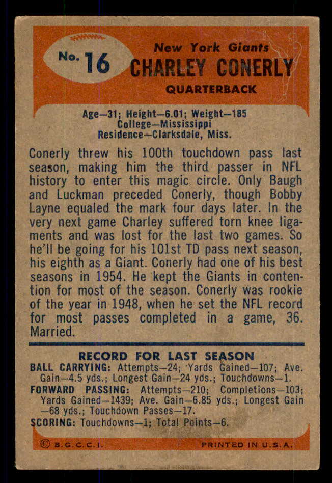 1955 Bowman Football #016 Charley Conerly Giants VG 533369