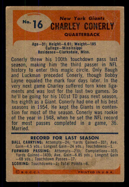 1955 Bowman Football #016 Charley Conerly Giants VG 533369