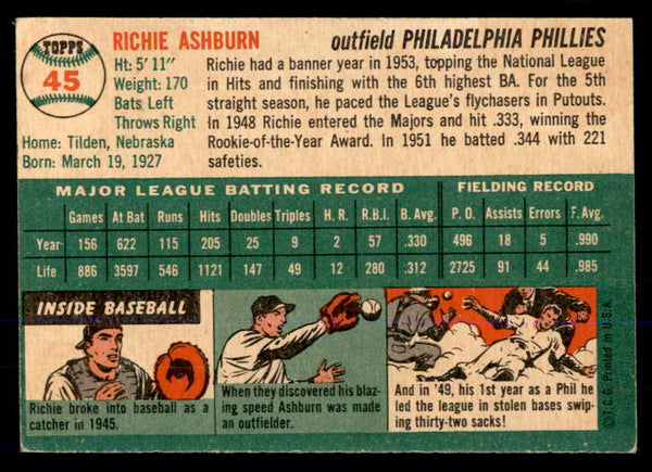 1954 Topps Baseball #045 Richie Ashburn Phillies VG-EX 533377