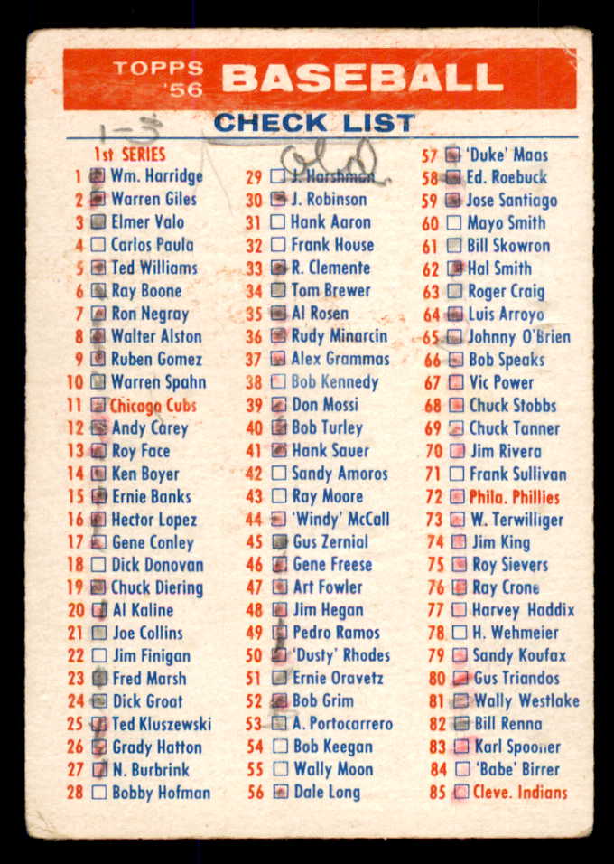 1956 Topps Baseball Checklist 1/3 Fair marked 533378