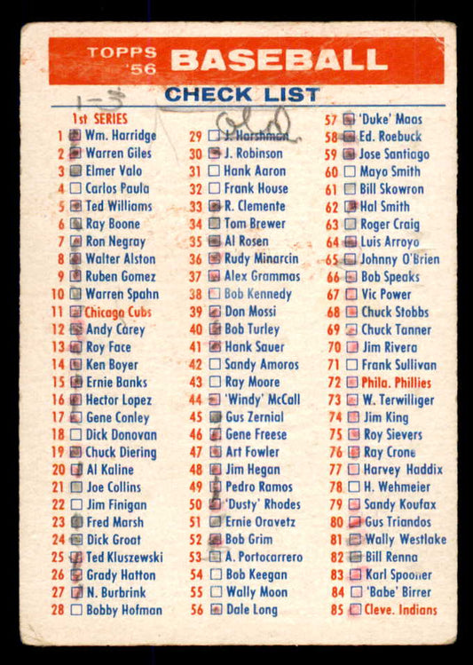 1956 Topps Baseball Checklist 1/3 Fair marked 533378