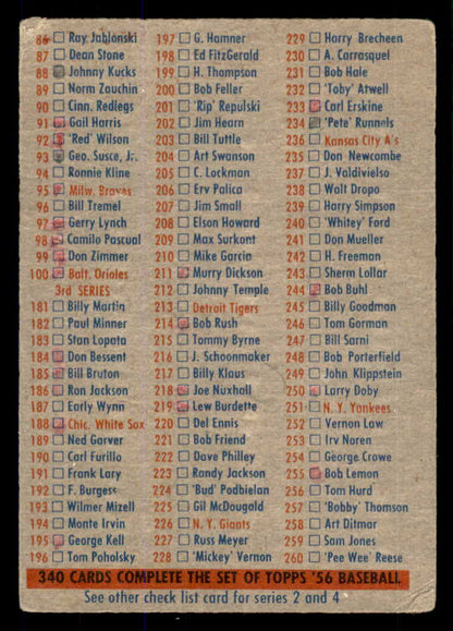 1956 Topps Baseball Checklist 1/3 Fair marked 533378
