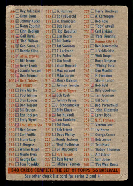 1956 Topps Baseball Checklist 1/3 Fair marked 533378
