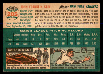 1954 Topps Baseball #205 Johnny Sain Yankees VG-EX 533381