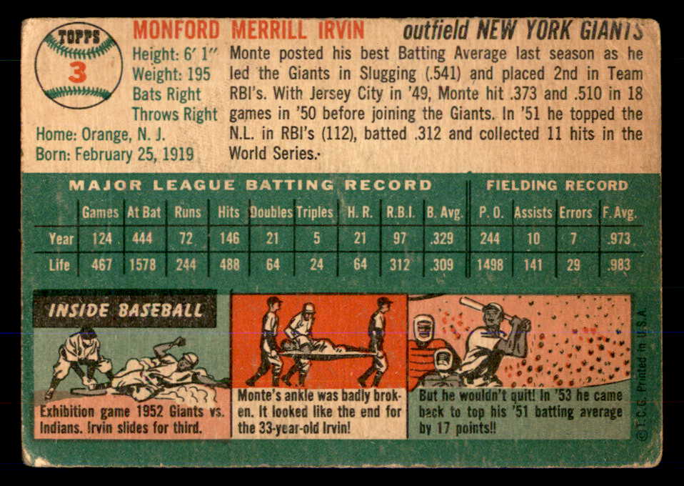 1954 Topps Baseball #003 Monte Irvin Giants Good 533382