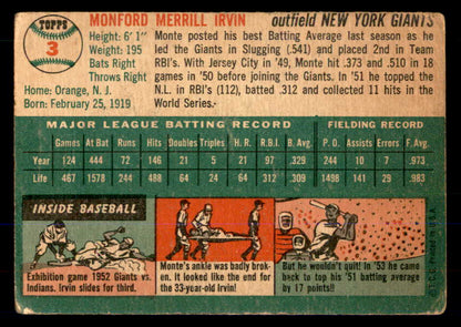 1954 Topps Baseball #003 Monte Irvin Giants Good 533382