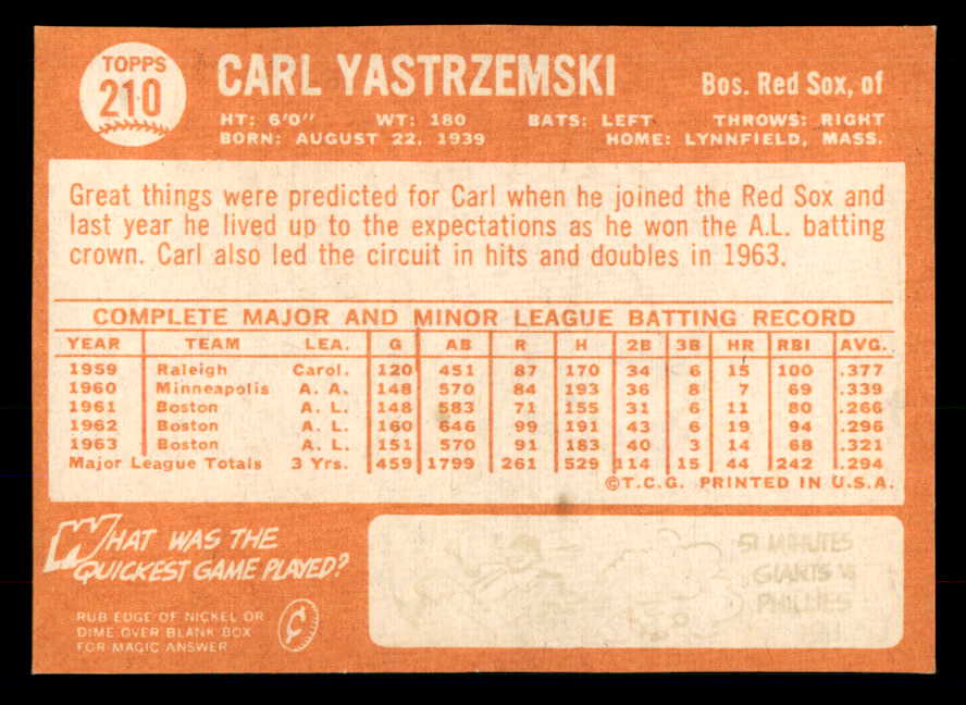 1964 Topps Baseball #210 Carl Yastrzemski Red Sox Good front damage 533414