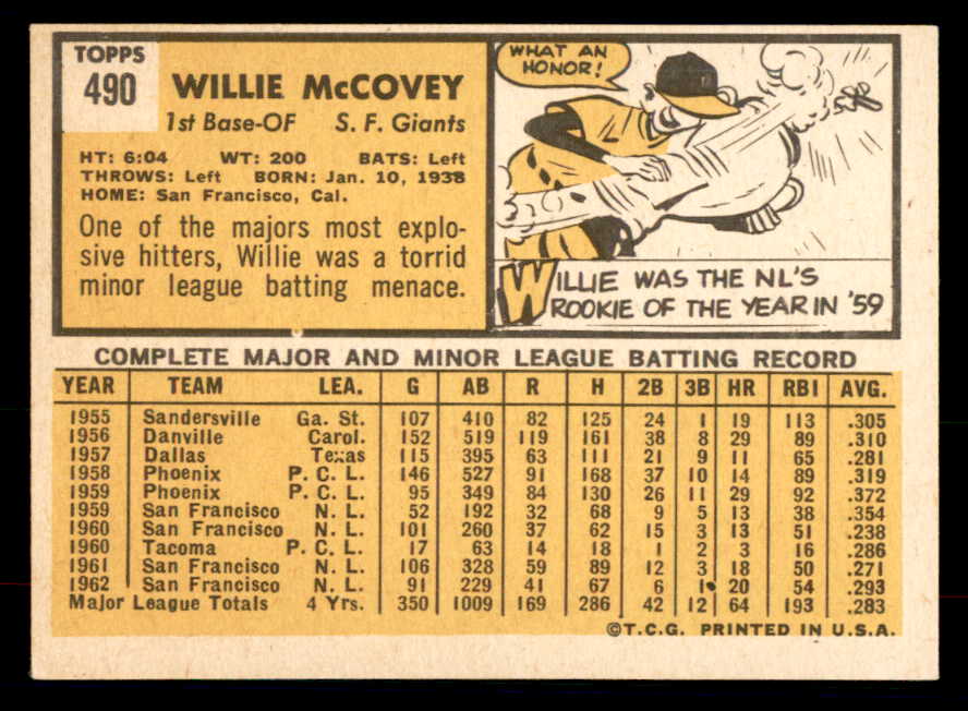 1963 Topps Baseball #490 Willie McCovey Giants EX-MT 533422