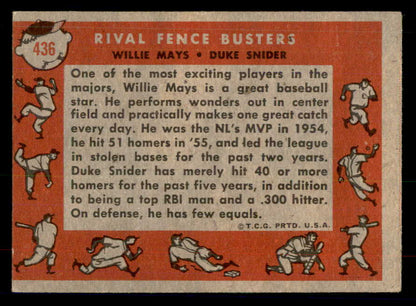 1958 Topps Baseball #436 Willie Mays Duke Snider VG-EX 533429