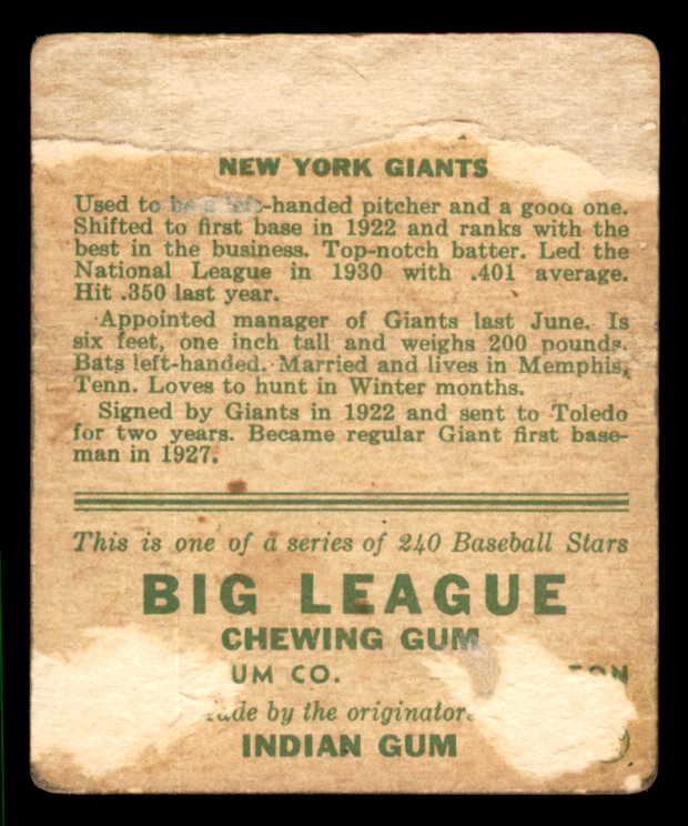 1933 Goudey #020 Bill Terry Giants Fair back damage 533445