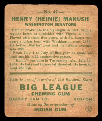 1933 Goudey #047 Heinie Manush Senators VG 533448