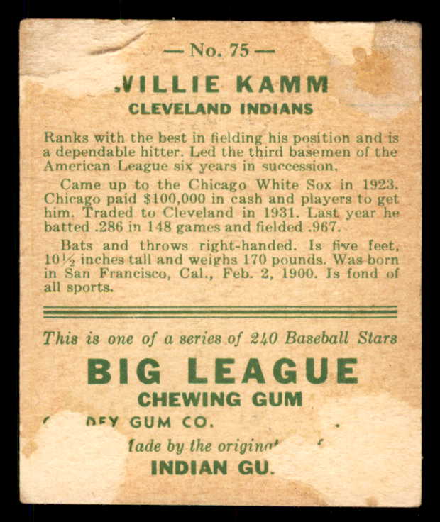 1933 Goudey #075 Willie Kamm Indians Good back damage 533459