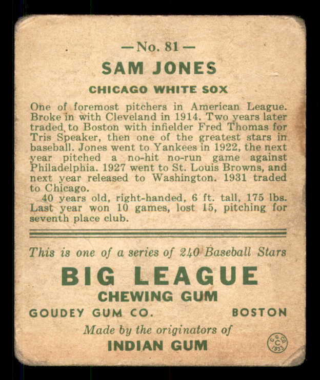1933 Goudey #081 Sam Jones White Sox GD-VG 533460