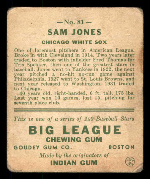 1933 Goudey #081 Sam Jones White Sox GD-VG 533460