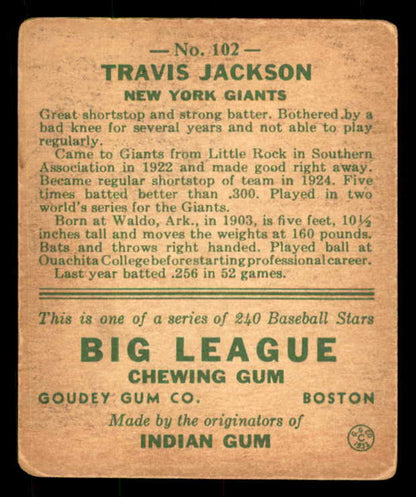 1933 Goudey #102 Travis Jackson Giants GD-VG/VG 533463