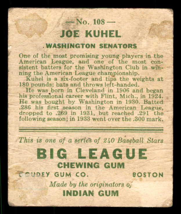 1933 Goudey #108 Joe Kuhel Senators Good back damage 533465