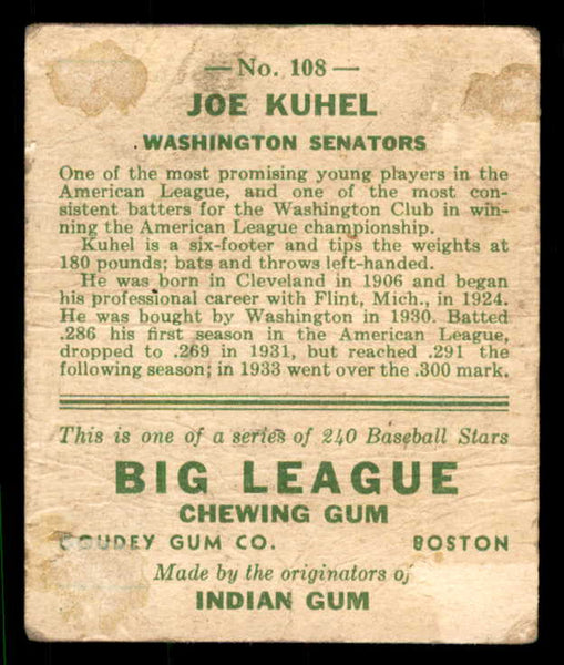 1933 Goudey #108 Joe Kuhel Senators Good back damage 533465