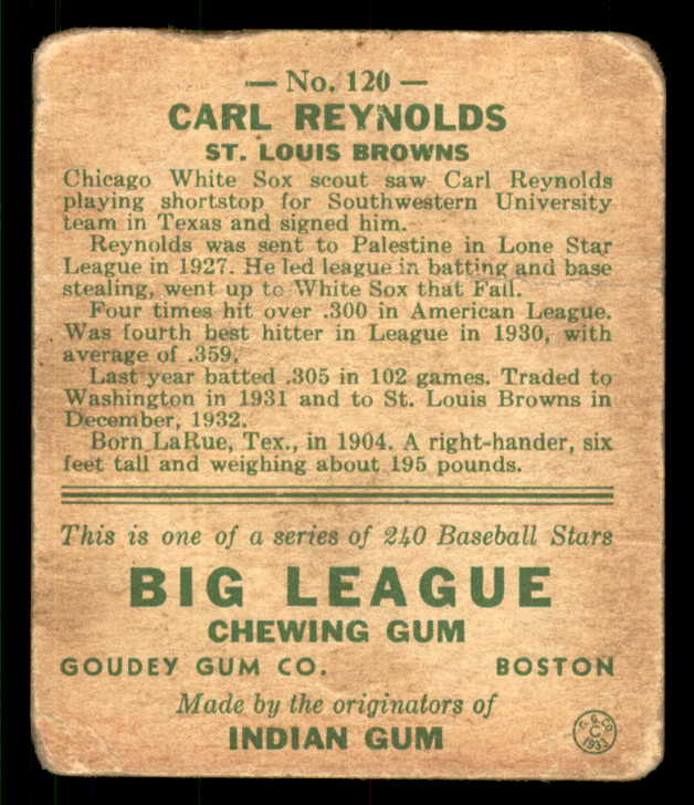 1933 Goudey #120 Carl Reynolds Browns FR-GD paper loss 533466