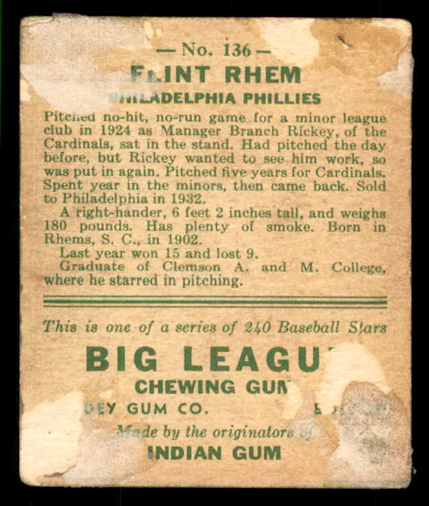 1933 Goudey #136 Flint Rhem Phillies Good back damage 533470