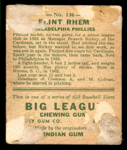 1933 Goudey #136 Flint Rhem Phillies Good back damage 533470