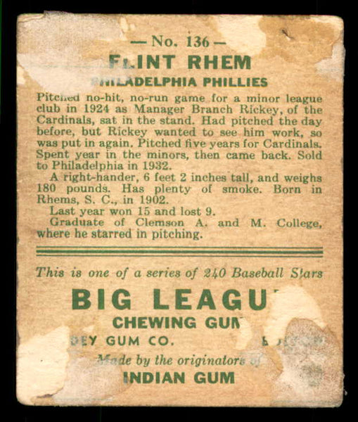1933 Goudey #136 Flint Rhem Phillies Good back damage 533470