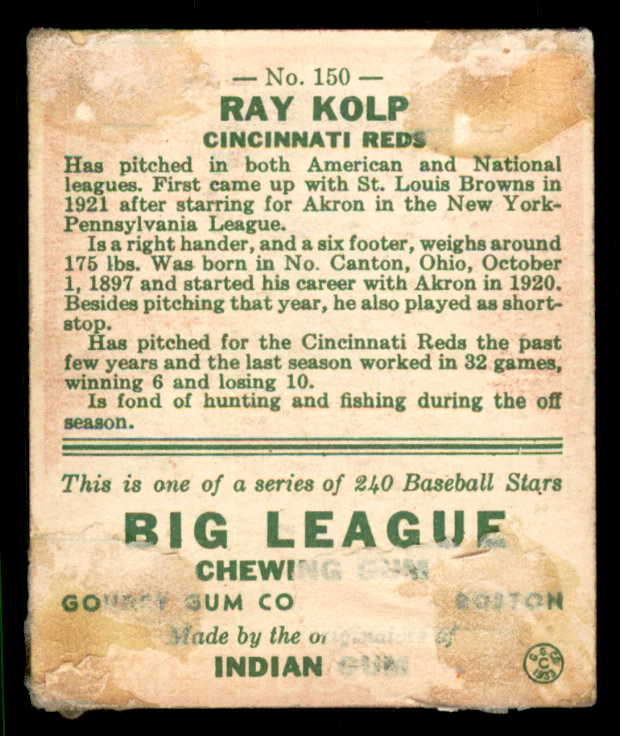 1933 Goudey #150 Ray Kolp Reds Good back damage 533474